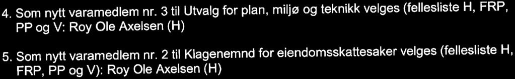 4. Som nytt varamedlem nr. 3 til Utvalg for plan, miljø og teknikk velges (fellesliste H, FRP, PP og V: Roy Ole Axelsen (H) 5.