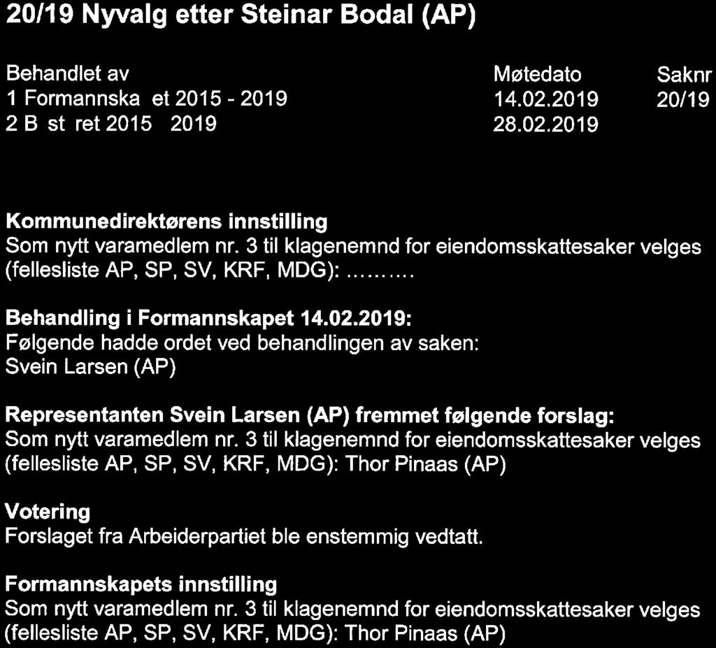 2019: Svein Larsen (AP) Representanten Svein Larsen (AP) fremmet følgende forslag: Som nytt varamedlem nr.