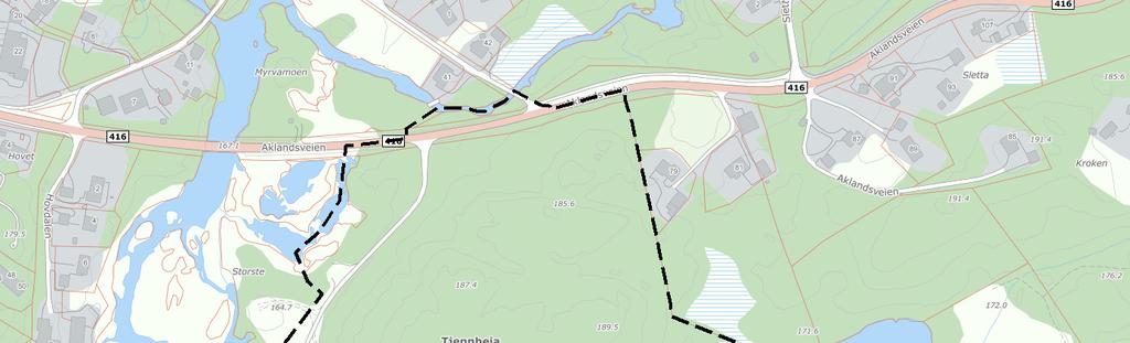 Fig. 2. Kart som viser kunngjøringsgrense. Hele planområdet er på ca 120 daa. Planavgrensingen følger i all hovedsak etablerte eiendomsgrenser, vei samt naturlige avgrensinger i terrenget.