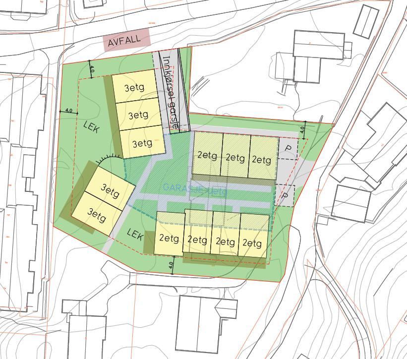 2 Situasjonsbeskrivelse Figur 1 viser oversiktskart og Figur 2 viser situasjonsplan. Det er planlagt fem rekkehus på tre etasjer med sokkelleilighet i underetasje/første etasje.