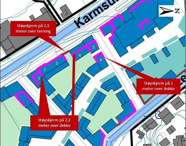 Støyskjerm på 2,5 meter over terreng Støyskjerm på 1 meter over dekke på takterrasse Støyskjerm på 2,2 meter over dekke på takterrasse Figur 4-4: Skjermingsløsninger for område 3.