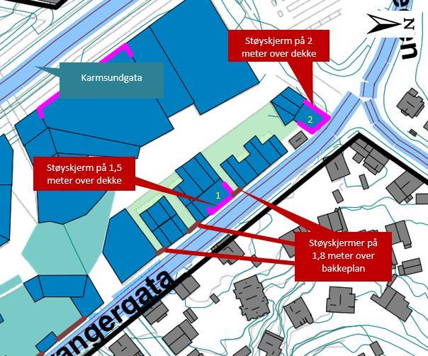 Karmsundgata Støyskjerm på 2 meter over dekke på takterrasse Støyskjerm på 1,5 meter over dekke på takterrasse Støyskjermer på 1,8 meter over bakkeplan Figur 4-6: Skjermingsløsninger for område 5.