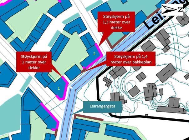 Støyskjerm på 1,3 meter over dekke på takterrasse Støyskjerm på 1 meter over dekke på takterrasse Støyskjerm på 1,4 meter over bakkeplan Leirangergata Figur 4-8: Skjermingsløsninger for område 7.