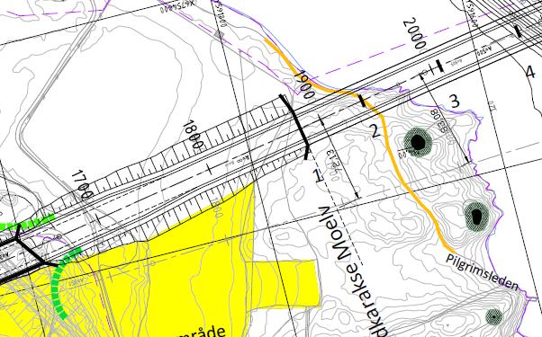 19 Figur 3-15: Plantegning for utforming av bru innenfor landkaret i Moelv. Vertikal linjeføring er tilpasset både brualternativ i betong og brualternativ i tre.