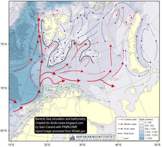 Havstrømmer Golfstrømmen varmt atlantisk vann vestkysten av Svalbard Kaldt arktisk langs østkysten og opp vestkysten Fjordene på vestsiden blanding av