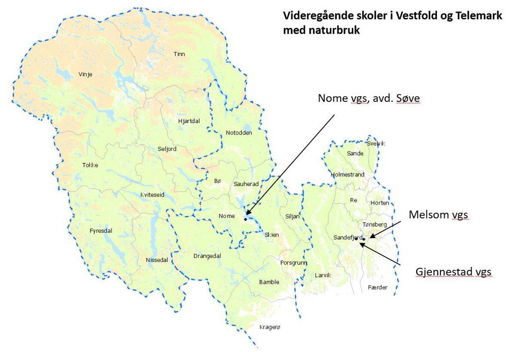 3.15 Videregående skoler i Vestfold og Telemark Vestfold og Telemark har tre videregående skoler som tilbyr fagområdet naturbruk. To av skolene eies av fylkeskommunene og en er privateid.