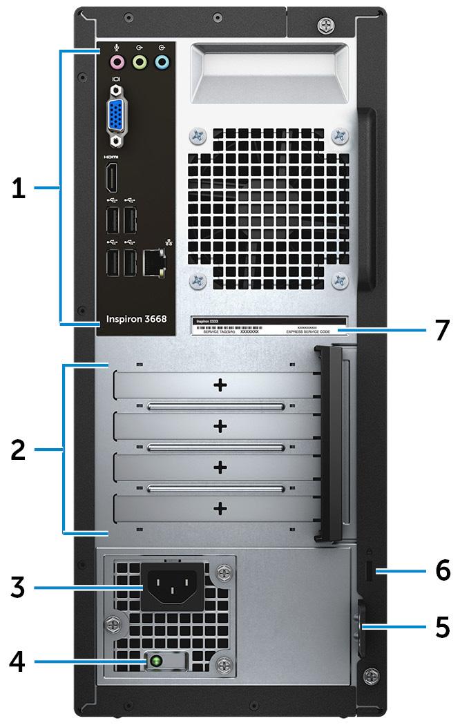 Baksiden 1 Bakpanel Koble USB, lyd, video og andre enheter. 2 Spor til utvidelseskort Gi tilgang til portene på eventuelle installerte PCI Express-kort.