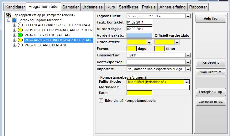 Vurdering av kompetanse Innveksling av realkompetanse Dette registreres i fanen Programområder på fag og programområder. Når ikke et helt fag kan godkjennes kan kompetansemål i faget godkjennes.