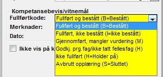 Vurderingsresultat registreres og datoer tilbys automatisk satt. Det kan også angis karakterer. Vurderingen og vurderingsresultatet kan gjøres pr. kompetansemål eller fag.