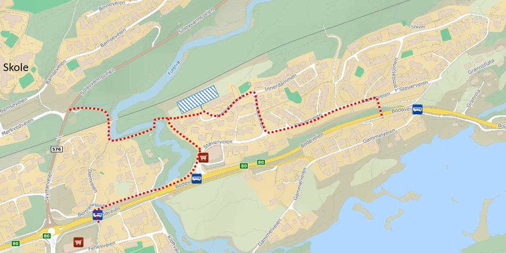 INNERDAMMEN, BODØ - TRAFIKKANALYSE 21 Figur 28 Prinsippskisse visende eksisterende forbindelser med gangveier eller fortau fra planområdet.