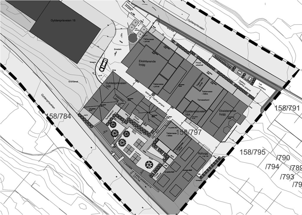 Figur 1: Revidert illustrasjonsplan (kilde: Én-til én arkitekter) Planen åpner for 3 bygg på eiendommen, 2 eksisterende bygg: bygg A i nord, det største bygget, hvor bygningsmasse skal renoveres,