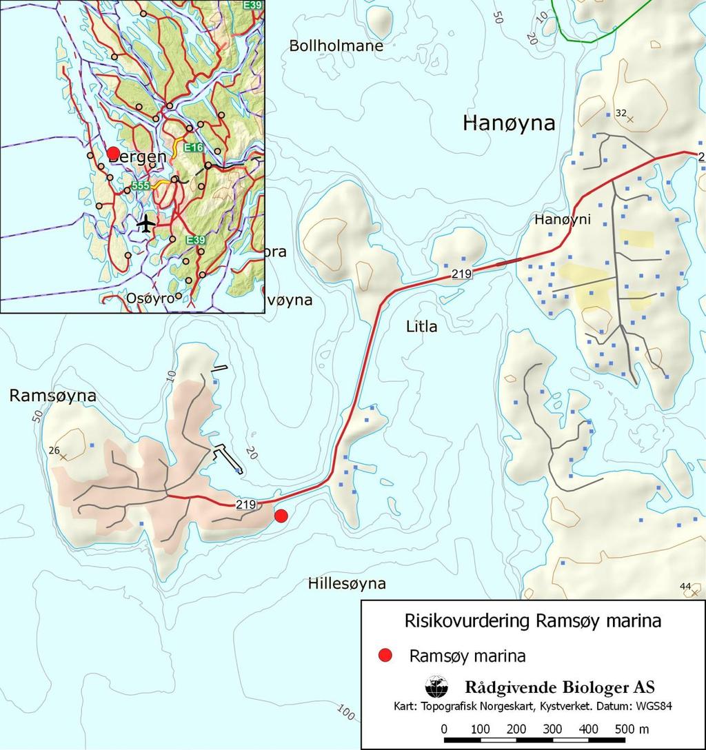 TILTAK RAMSØY MARINA Ramsøy Båt og Marina søkjer om tilrettelegging av område på søraustsida av Ramsøy til småbåthamn med hyttenaust, småbåtplassar, og driftsbygning med slipp (figur 1).