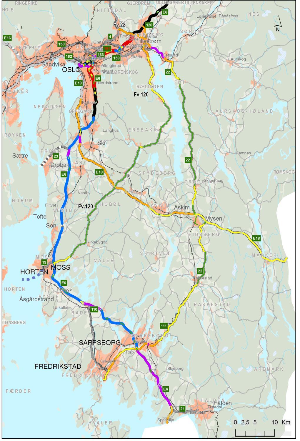 Trafikken velger E6 og E18 Lite gjennomgangstrafikk, men stor trafikk inn til byområdene i hver ende av vegstrekningene Det meste av trafikken går