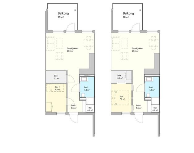 2-roms leilighet Areal: 47 m² BRA Balkong: 10 m² BRA 2-roms leilighetene i bygg 5 En 2-roms leilighet består av åpen stue og kjøkken-løsning, soverom, romslig bad, entré og bod.