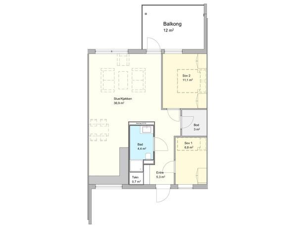 3-roms leilighet Areal: 70 m² BRA Balkong: 12 m² BRA 3-roms leilighetene i bygg 6 En 3-roms leilighet leveres med åpen stue og kjøkken-løsning, et hovedsoverom, et