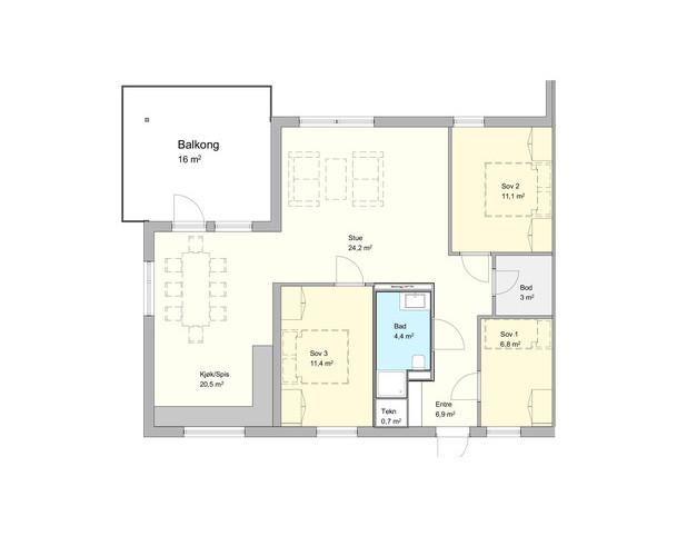 4-roms leilighet Areal: 92 m² BRA Balkong: 16 m² BRA 4-roms leiligheter i bygg 6 En 4-roms leilighet har romslig stue, kjøkken med god plass til spisestue, tre soverom, bad, entré og bod.