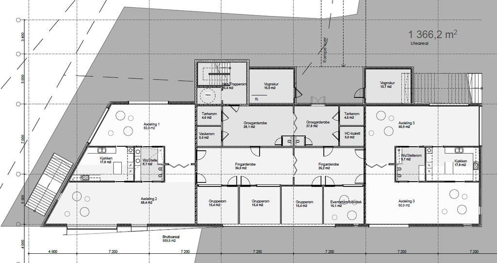 4.2 Støynivå innendørs fra utendørs lydkilder Figur 6 viser skissert etasjeplan for 1. etasje (barnehage avdeling). Figur 4 viser skissert etasjeplan for 2.