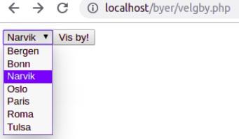 3 Velg by (0 %) (0 %) Lag "velgby.php" som med en whileløkke lager en nedtrekksmeny med byene sortert alfabetisk. Når brukeren har valgt og trykket "Vis by!