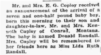 Collins daughter Harold 17 Jan 1931 22 Jan 1931 pg 7 Copley Donald Randall Kenneth 9 Dec 1931 pg 5 Coram Anna