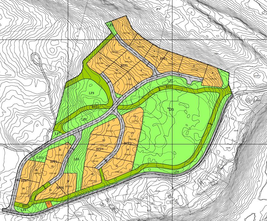 Området er delt opp i enkelttomter i varierende størrelser. Detaljreguleringen legger opp til utnyttelse av arealet etter kommunedelplanens føringer, med en utnyttelsesgrad satt til %BRA=20, inkl.