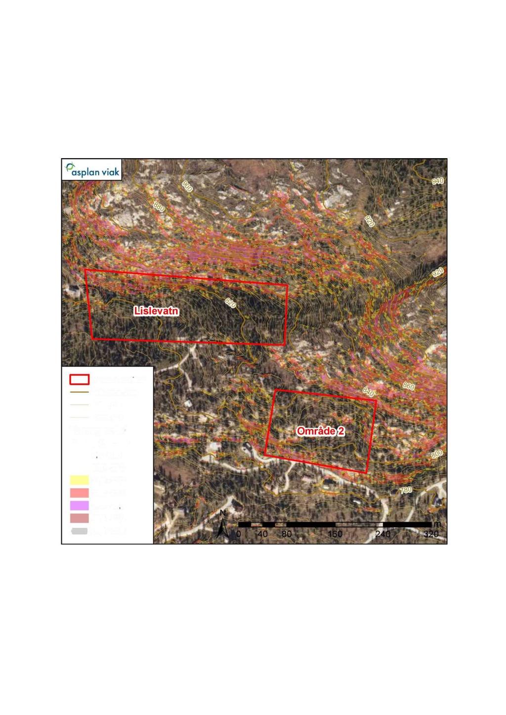 Skredfarevurdering Lislevatn, Skrikarlia 11 3.1.2 Område 2 Område 2 ligger nedenfor den vestlige avslutning av ryggen ned fra Gvitsteinåsen ( Figur 3 ).