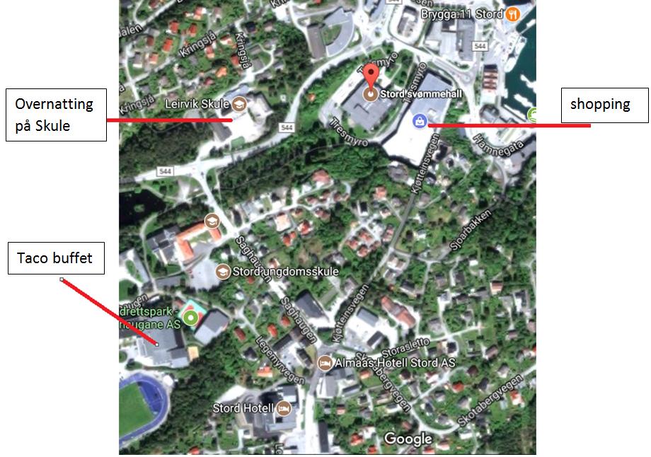 Det er kort vei mellom svømmehall, overnatting, Taco buffet, sentrum etc. INNKVARTERING Skule: OVERNATTING: Vi tilbyr overnatting på Leirvik skole. Pris: 65,- pr. person pr. natt.