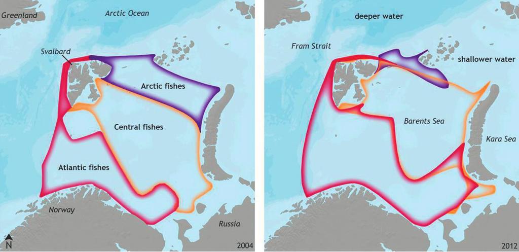 Figur 2.3 Endring i utbredelse av atlantiske, sentrale og arktiske fiskesamfunn i Barentshavet fra 2004 (venstre) til 2012 (høyre).