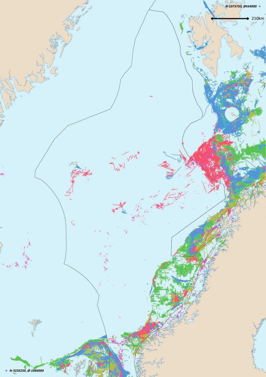 Fiskeri Norskehavet pr redskap Figur 3.2. Geografisk fordeling av fiskeriaktiviteten fordelt på redskapstyper i 2011 (venstre) og 2018 (høyre). Norske og 2018 2011 utenlandske fartøy over 15 meter.