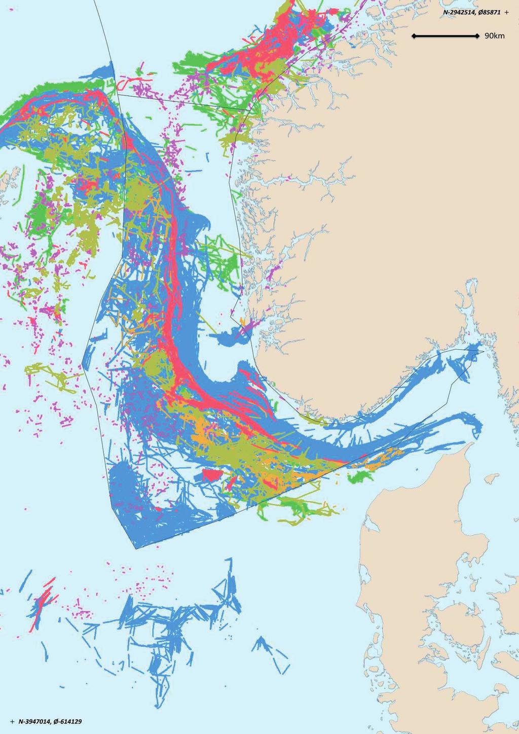 Fiskeri pr redskap, nordsjøen Figur 4.4. Geografisk fordeling av fiskeriaktiviteten fordelt på redskapstyper i 2011 (venstre) og 2018 (høyre). Norske og b. 2018 a.