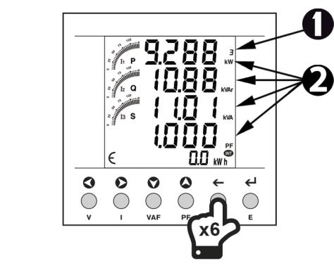 DRIFT P2 Reaktiv effekt 1. kvar 2. kvar L1/L2/L3 3. 3P kvar P3 Tilsynelatende effekt 1. kva 2. kva L1/L2/L3 3. 3P kva P4 Effekt fase 1 1. L1 2. kw / KVAr / kva / PF P5 Effekt fase 2 1. L2 2.