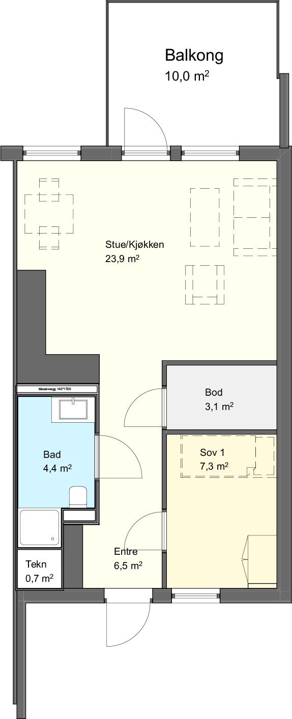 2-roms leilighet Areal: 47 m² BRA Balkong: 10 m² BRA 2-roms leiligheter i bygg A.