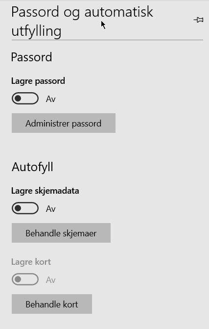 o Passord og automatisk utfylling: Det anbefales at alle valg skal være Av. Det er foreløpig ikke testet godt nok ut hvor sikkerhet denne funksjon er.