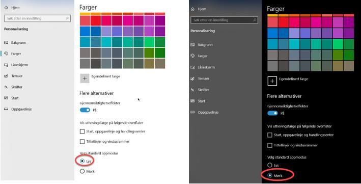 - Farger: Ruller du litt ned finner du «Velg standard appmodus» der du kan velge Lys eller Mørk.
