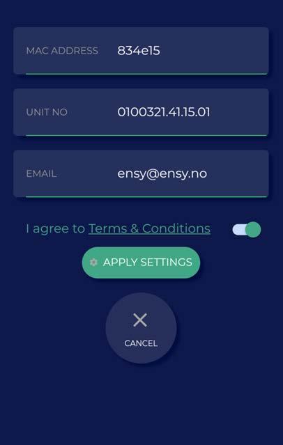 Trykk på setting-knappen og menyen åpnes (fig.12) så det kan fylles inn nødvendig informasjon fra etiketten. NB! MAC- og serienummer må fylles inn, Epost-adresse er frivillig.