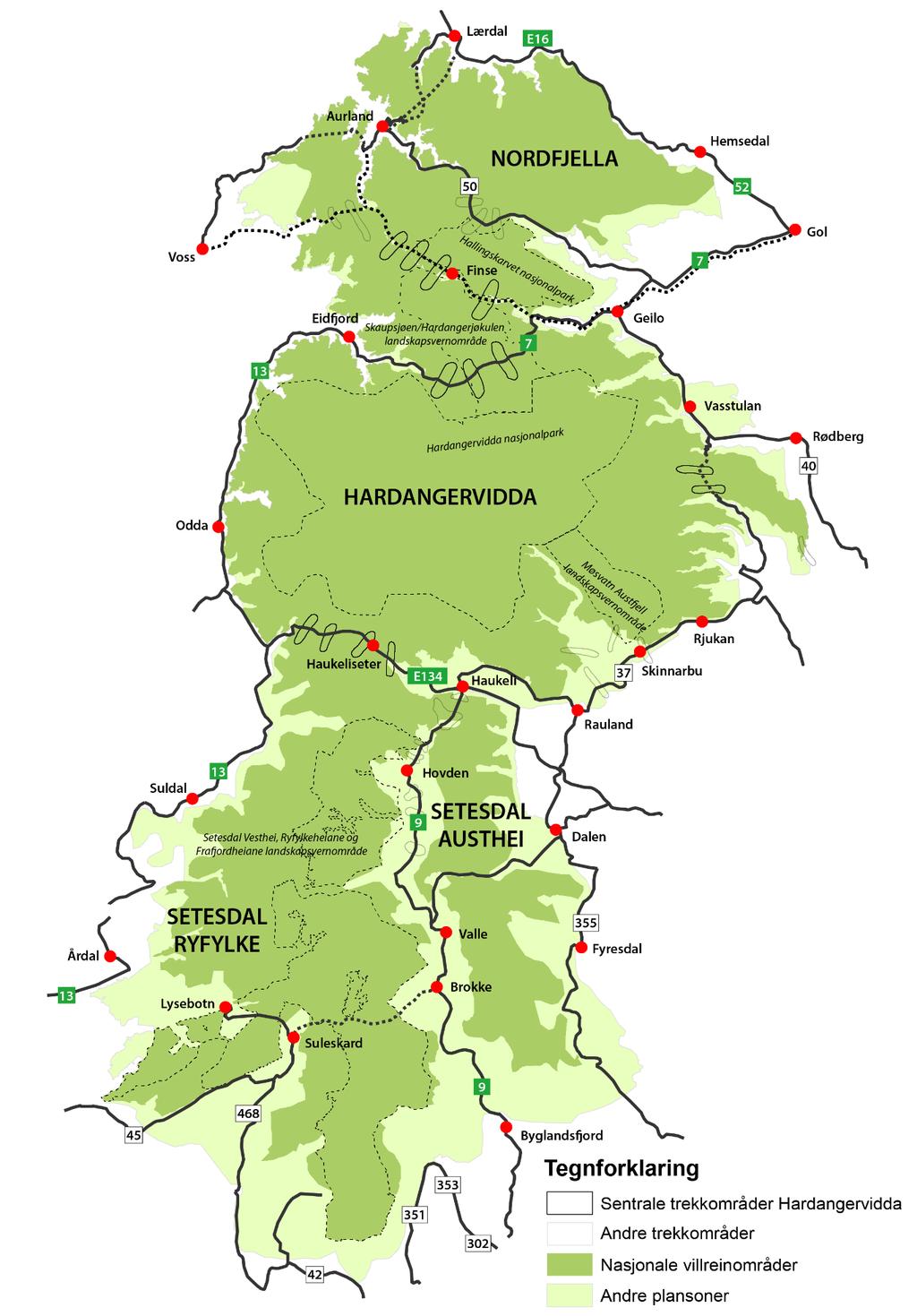 Figur 3. Europeisk villreinregion sør omfatter Setesdal Ryfylke, Setesdal Austhei, Hardangervidda og Nordfjella.