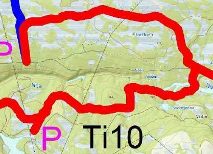 Ti10 Fra Ol-Persbakken (parkering) nordover til Toraldsmyra, østover til Storfloen og over Nea øst for Storfossen, over Bekkøyvollen til parkeringsplass ved Vassfloen. Ca.