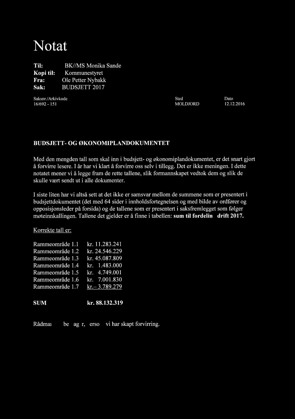 Notat Til: Kopi til: Fra: Sak: BK/ /MS Monika Sande Kommunestyret Ole Petter Nybakk BUDSJETT 2017 Saksnr./ Arkivkode 16/692-151 Sted MOLDJORD Dato 12.