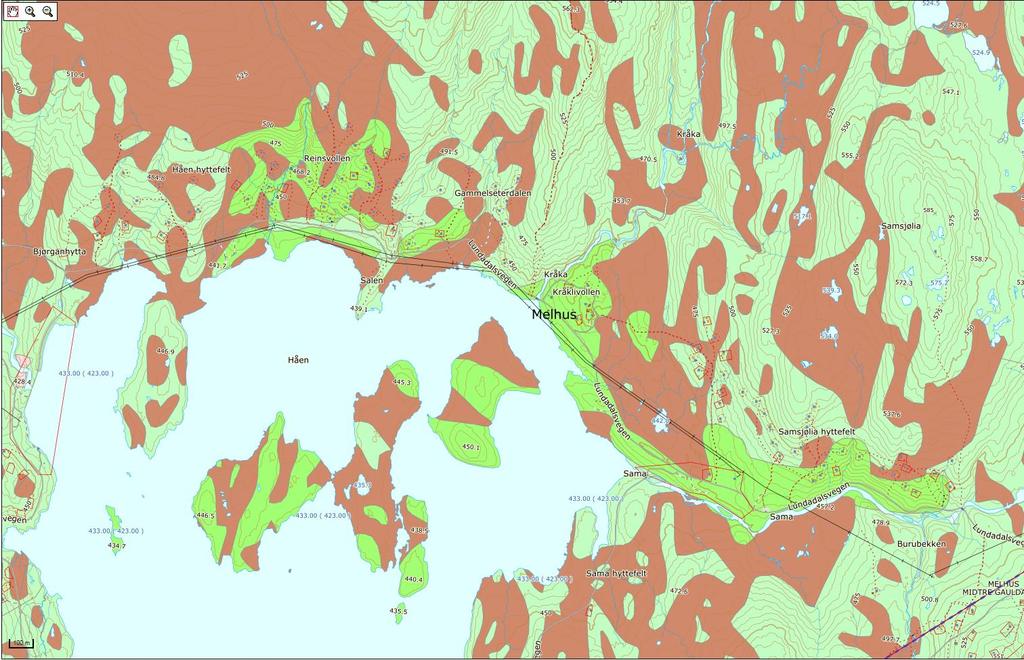 Figur 3.1 Løsmassekart for Håen hyttefelt. Kartet viser at løsmassene i området består av morene (grønt) og torv/myr (brunt). Morenedekket er stedvis tykkere enn 0,5 m (mørkegrønt).