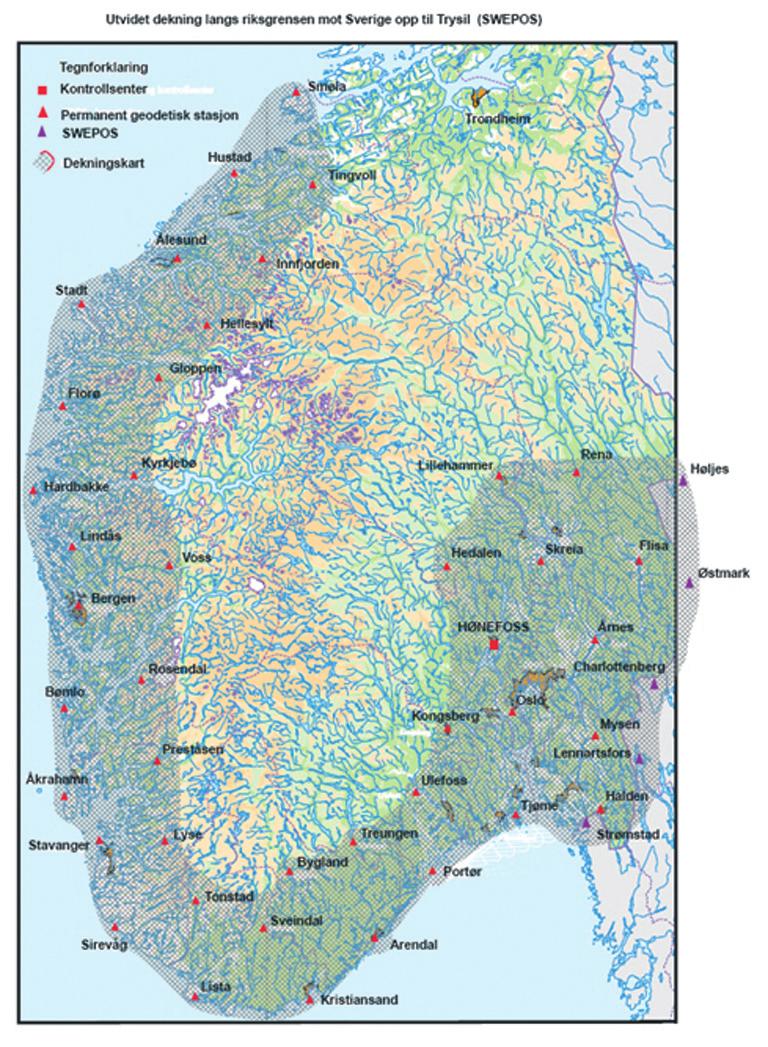Bjørn Engen Figur 4 Referansestasjoner og dekning for CPOS-tjenesten i Sør-Norge lom SATREF-stasjonene ned til ca 70 km, kunne en nettverksberegning gi nøyaktigheter ned mot cm-nivå.