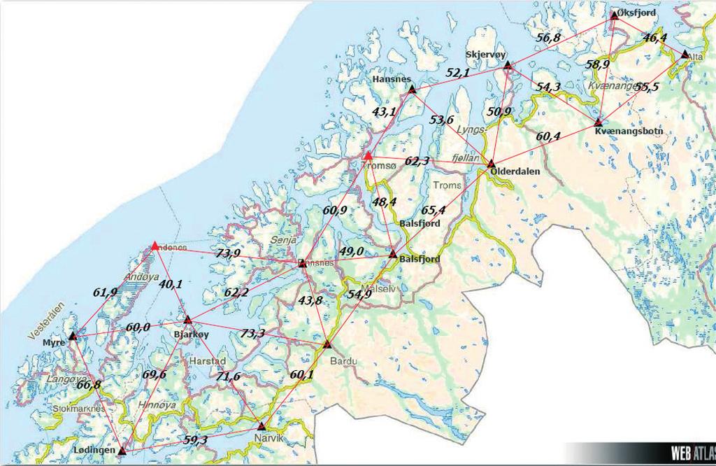 Figur 5 Utbyggingen i Troms og deler av nabofylkene «I løpet av neste 20-årsperiode vil et DYNA- MISK REFERANSESYSTEM være etablert på globalt nivå og tatt i bruk i Norge», ref. tidl.