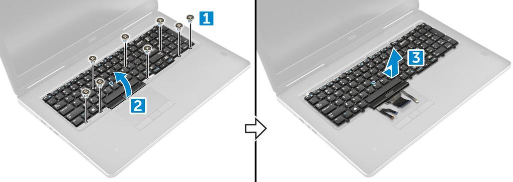 a Fjern M2.0x2.5-skruene som fester tastaturet til datamaskinen [1]. b Løft og skyv tastaturet for å fjerne det fra datamaskinen [2,3].