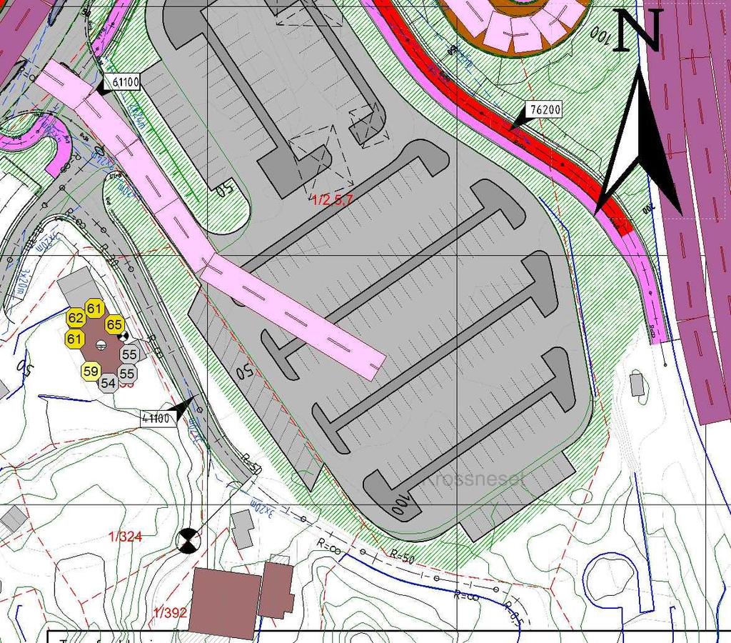 4.1 Skjermingsalternativ 1 En støyskjerm mellom innfartsparkering og E39 reduserer støynivå ved fasade sør i 2. etasje med ca 2 db. Fasade mot øst får høyt støynivå pga.