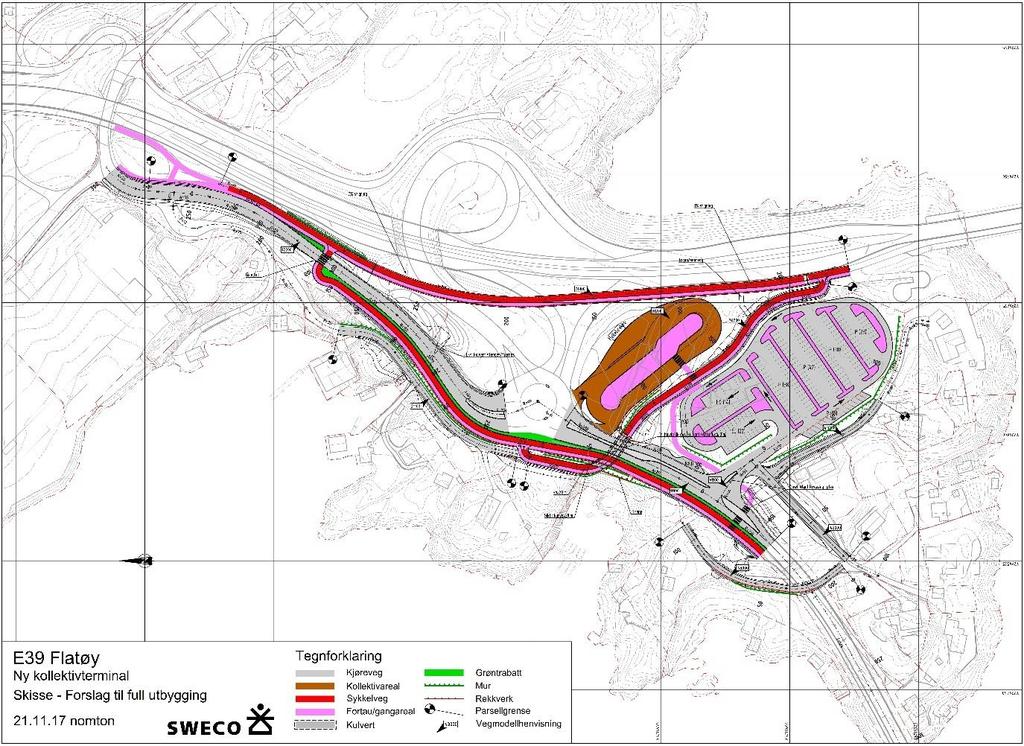 2 Situasjon Det skal etableres kollektivknutepunkt på Flatøy med utvidet innfartsparkering og oppstillingspunkt for busser. Situasjonsplan for fullt utbygget kollektivknutepunkt er vist i Figur 2.