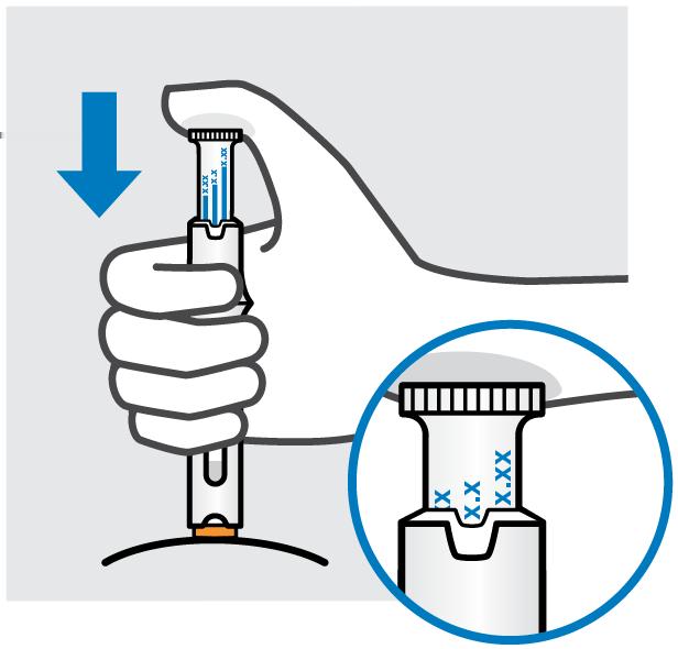ETTER Injiser Simponi Fortsett å trykke den ferdigfylte pennen mot huden. Trykk forsiktig på stempelet til det stopper.