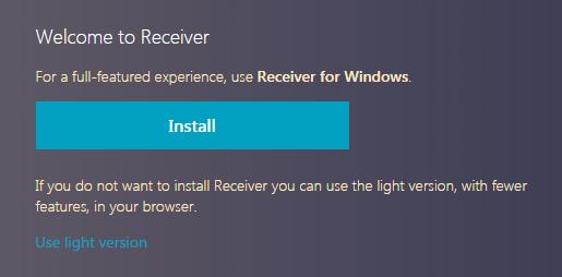 Du vil få beskjed i nettleservindu dersom du ikke har Citrix Receiver installert. Trykk på Install-knappen og følg veiledningen videre.