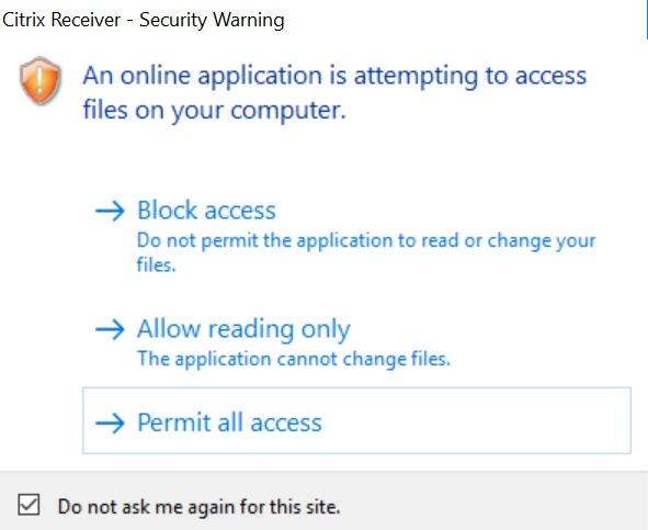 Allow reading only ingen endringer er tillatt. Permit all access full tilgang til lokale filer. Steg 2: Velg Do not ask me again for this site.