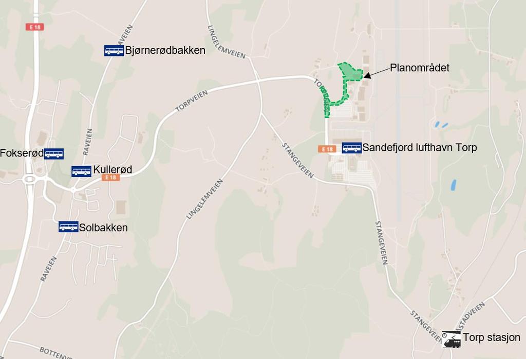 flyplassen til pilotskolen, men shuttlebussen ser ut til å være lagt ned per i dag. Figur 2: Oversikt over kollektivtilbudet i nærområdet og markering av planområdet i grønt (kartkilde: www.vkt.no).
