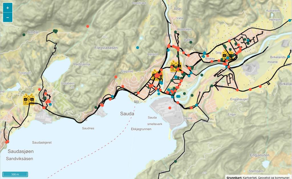 Sauda undomskule 9b 2017 stader Dette er skulevegen min, men eg sitter i bil Litt mye trafikk av og til Eg tar bussen resten av veien Mørkt Trafikk Mørkt Ikke noko fortau på skuleveien min Mørkt.