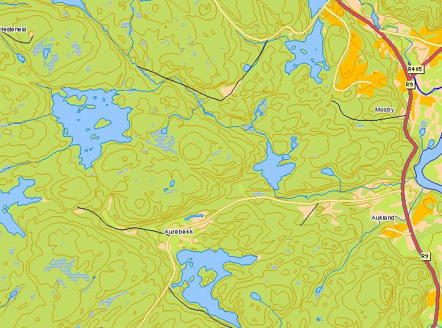 Homevatnet Lonane Auglandsbekken 0 1 km Figur 1. Kart over Homevatnet og Lonane med Auglandsbekken (Kartgrunnlag NVE).