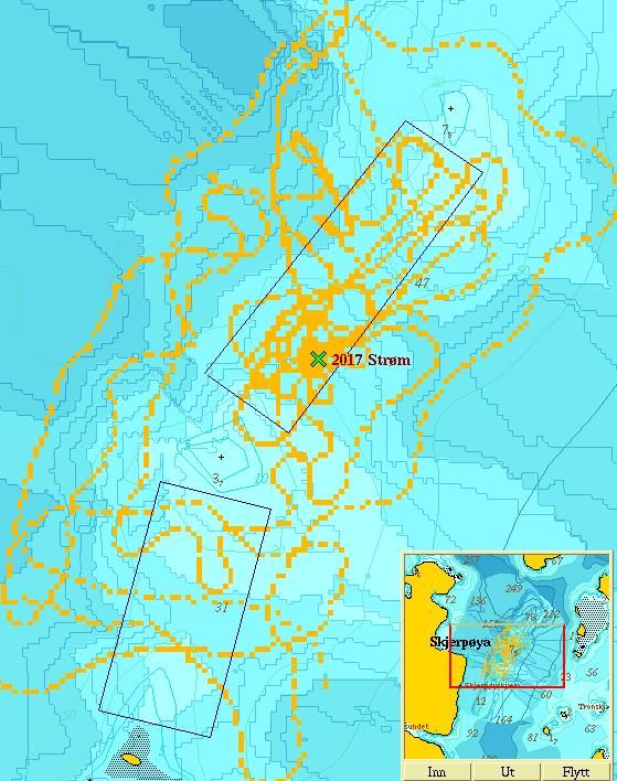 Figur 3: Oversiktskart over Skjerpsøyskjæra. De oransje boksene representerer loddskudd som bunnkalkuleringene er bygget på.